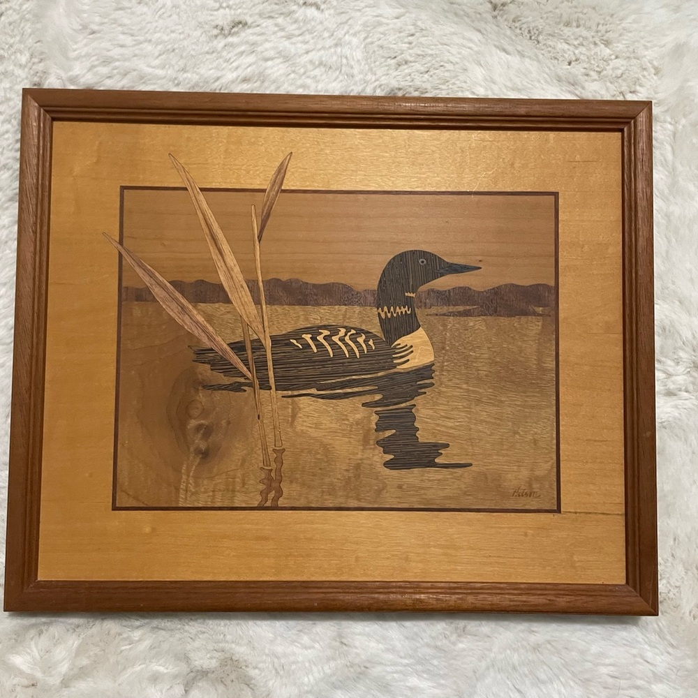 Nelson HUDSON RIVER INLAY LOON / BIRD - WOOD MARQUETRY Picture 13 X 16 Signed